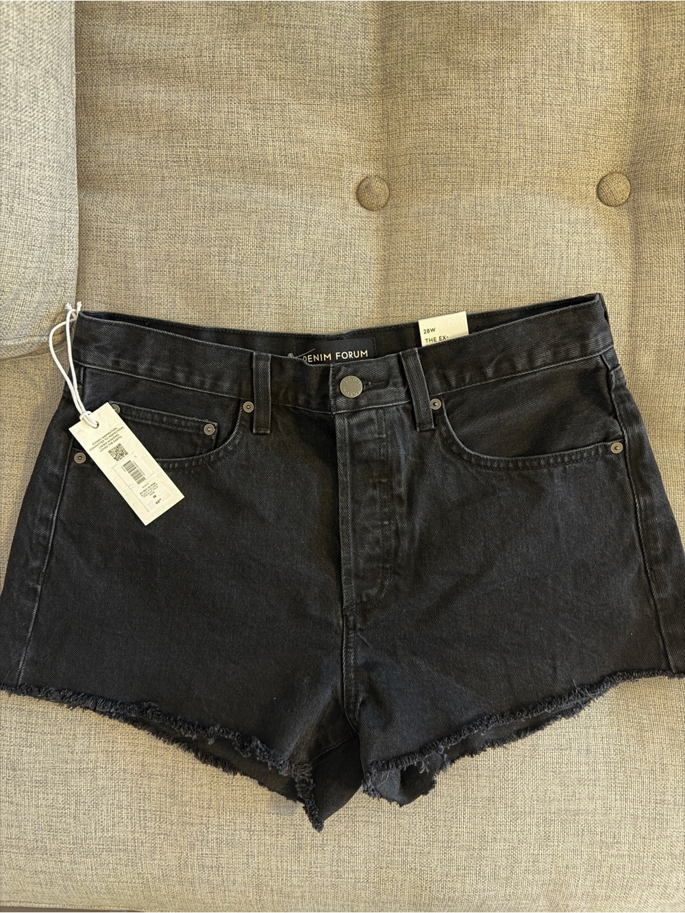 Denim Forum the ex-boyfriend straight Black High-Rise Raw Hem Jean Shorts
